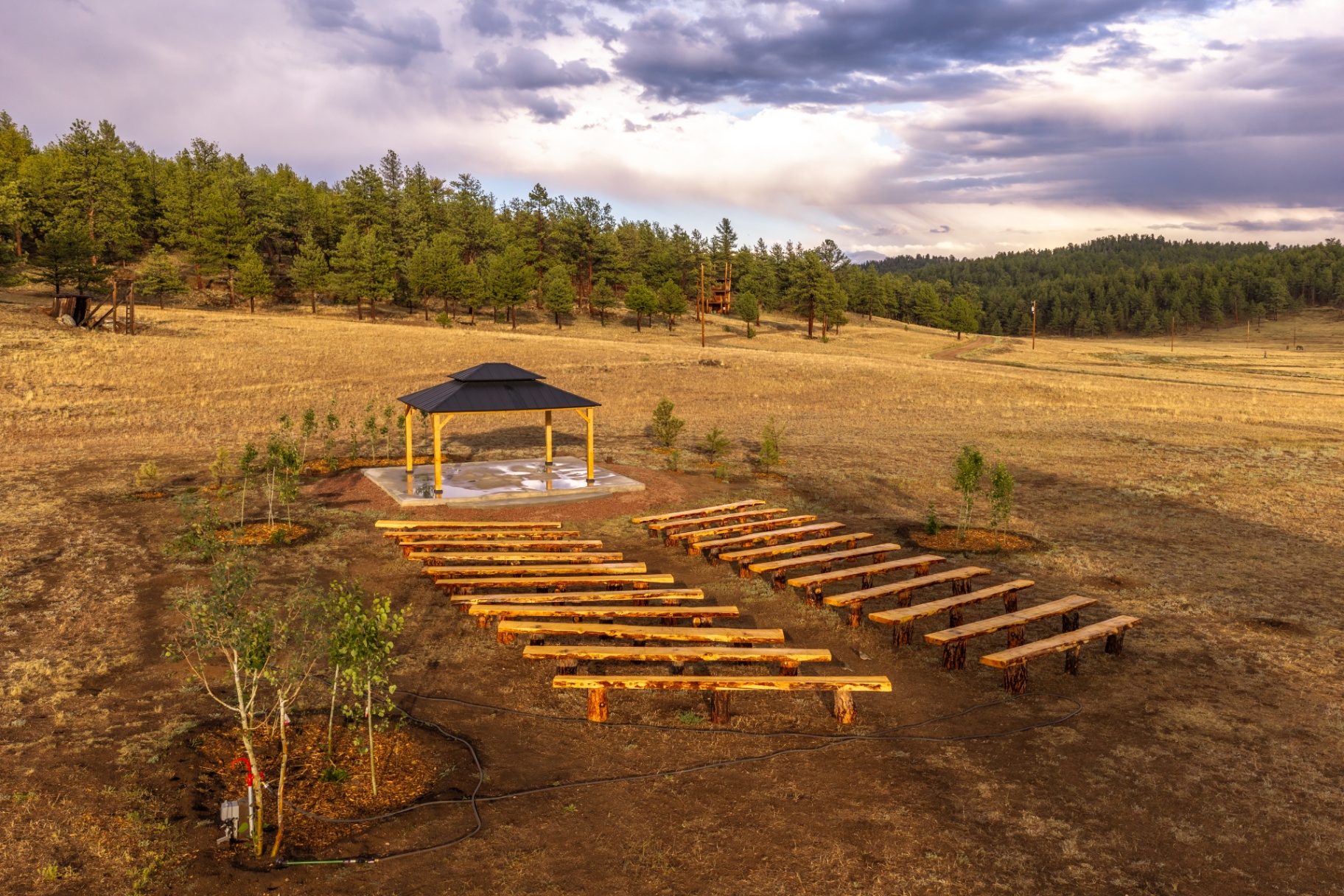 Wedding ceremony site with log benches and Pike National Forest views
