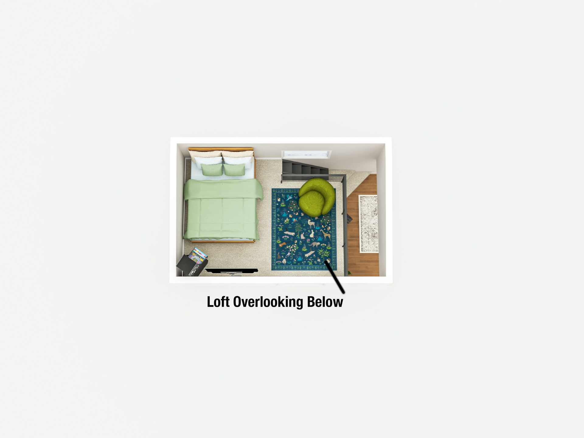 Annotated loft floor plan showing an overlook sleeping area above the main level